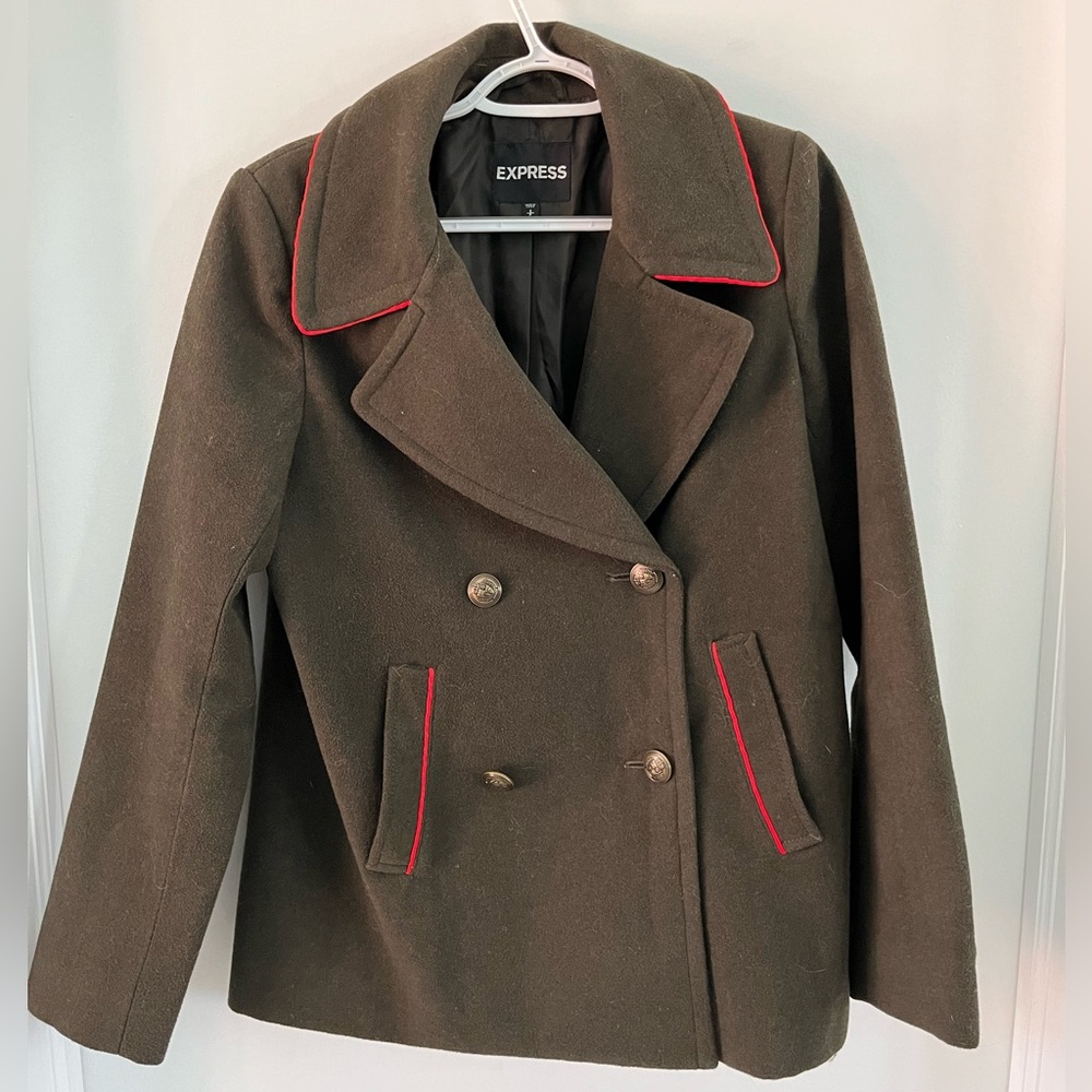 Express women’s army green peacoat with orange/red on collar and pockets. Small